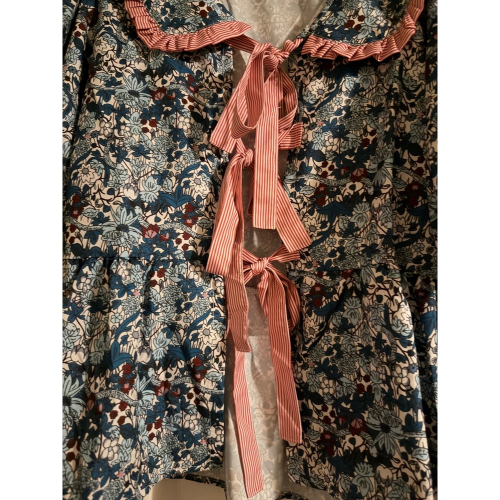 Sunday Up Womens Floral Set Blue floral w Stripe Ruffle Peter Pan Collar Large - Picture 11 of 12